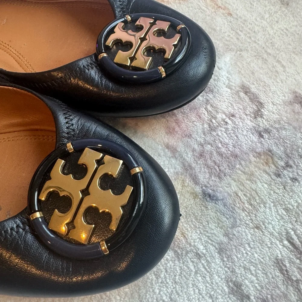Tory Burch Black Leather Logo Ballet Flats with Gold Emblem